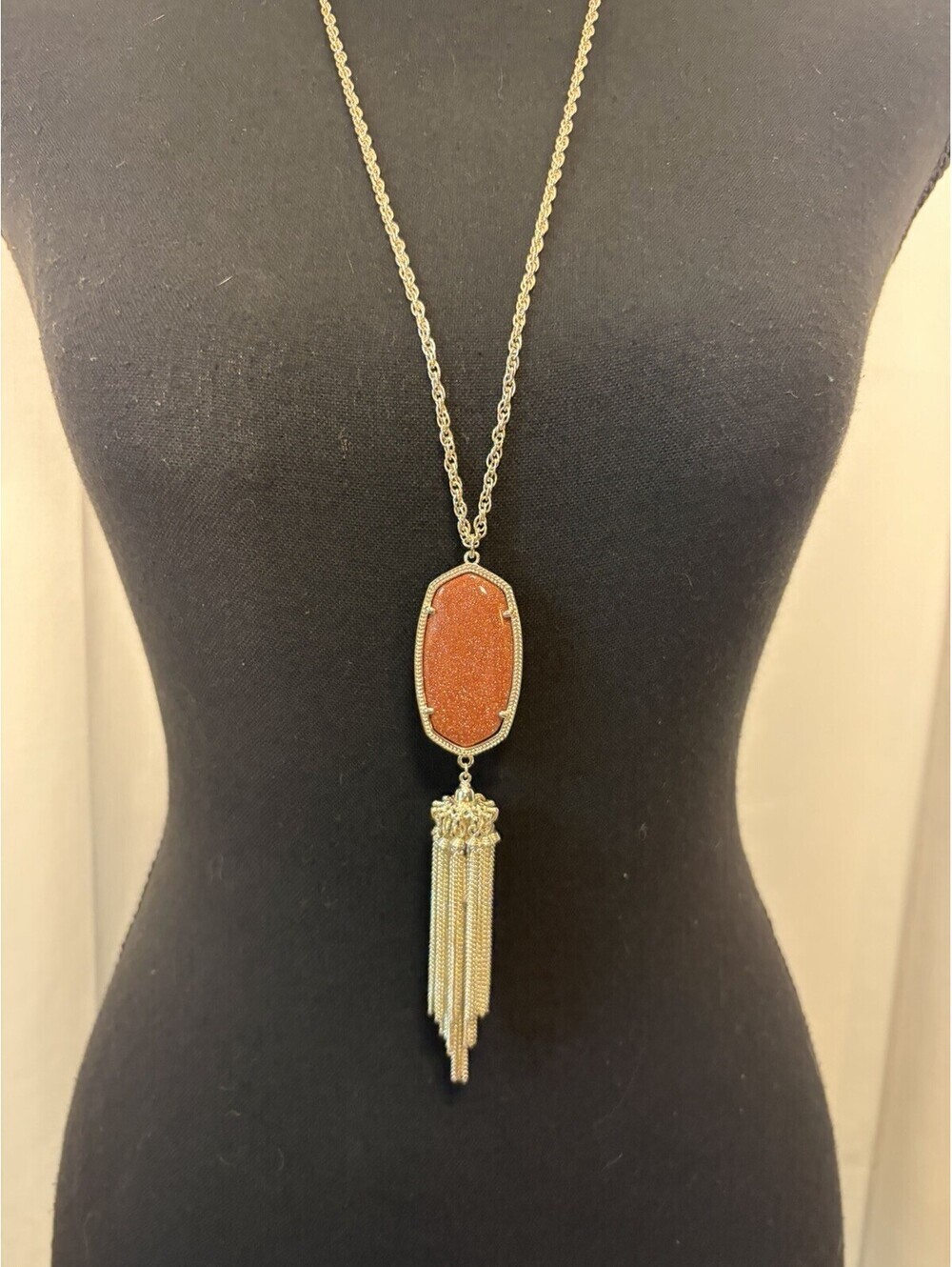 Kendra Scott Rayne Goldstone Pendant Tassel Necklace in Glitter Orange And Gold